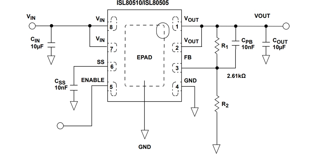 Application Circuit Diagram - Renesas Electronics ISL80505 & ISL80510 LDO Voltage Regulators