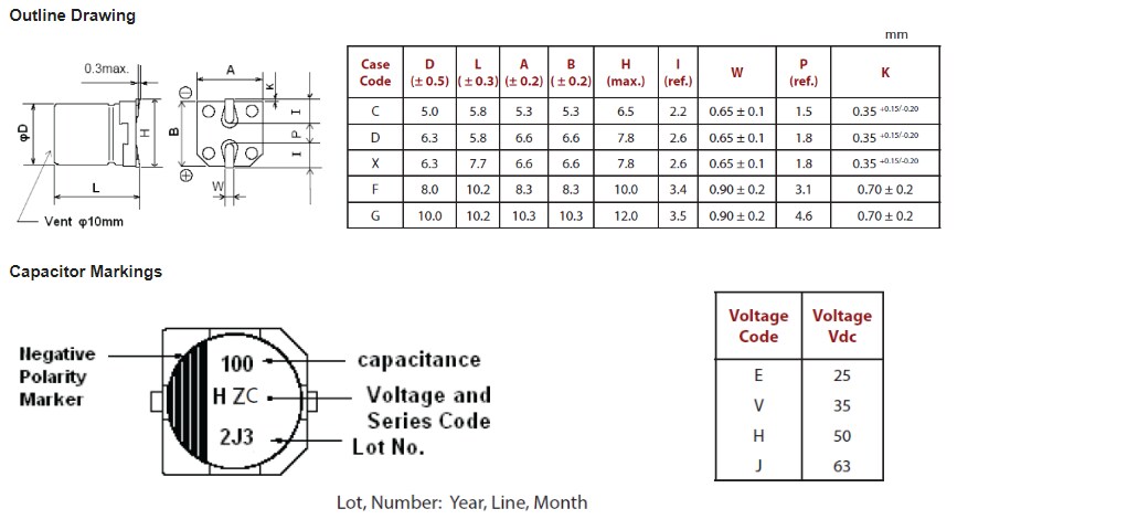 Mechanical Drawing - Cornell Dubilier / Knowles HZC SMT Hybrid Polymer Capacitors