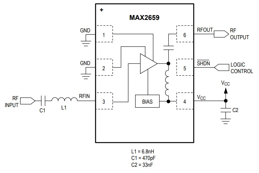 Block Diagram - Analog Devices / Maxim Integrated MAX2659 GPS/GNSS Low-Noise Amplifier Chip