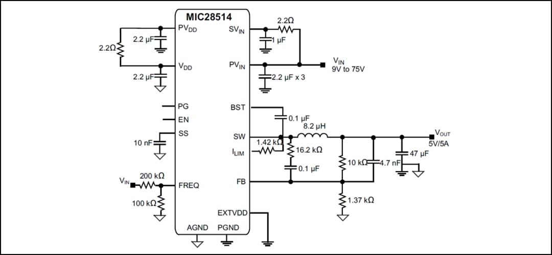 Application Circuit Diagram - Microchip Technology MIC28514 Voltage Regulator
