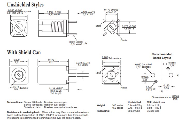 Mechanical Drawing - Coilcraft 146/150 Series 7mm Tunable RF Coils