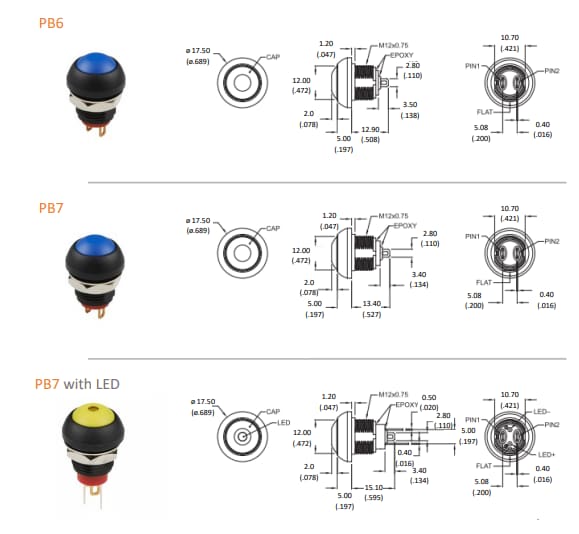 Mechanical Drawing - TE Connectivity / Alcoswitch IP68 Sub-Miniature Pushbutton Switches