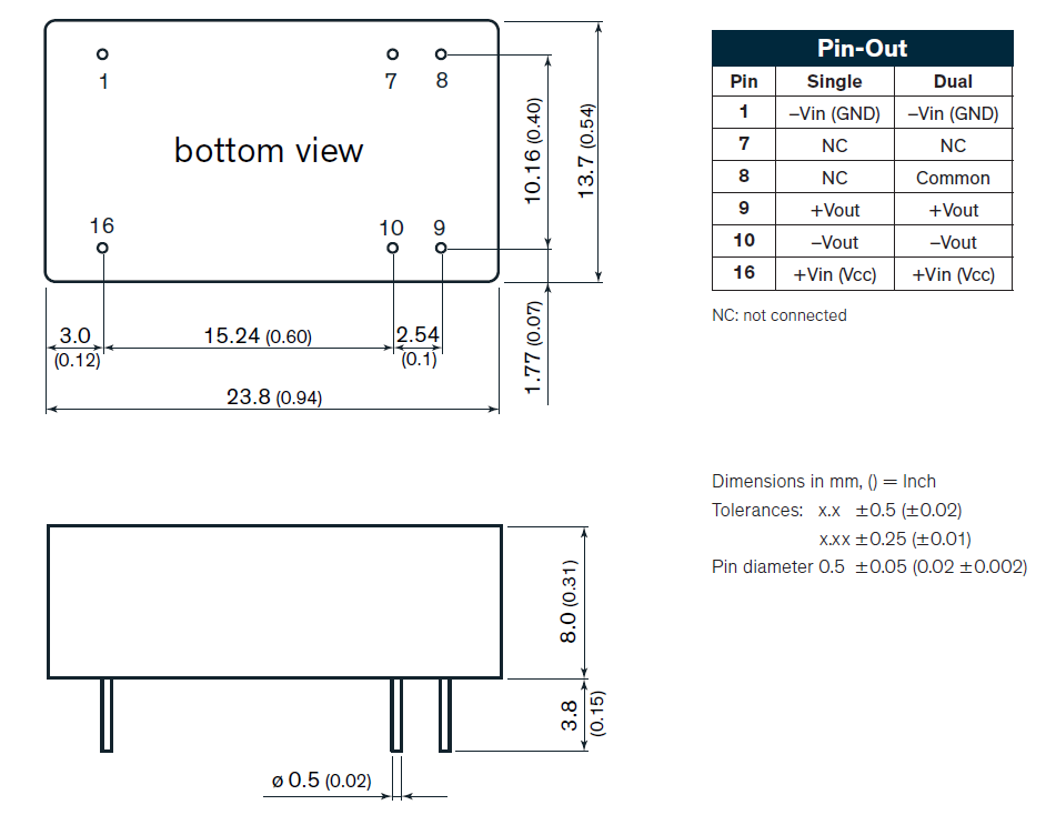 Mechanical Drawing - TRACO Power TEL 10WI 10W DC/DC Converters