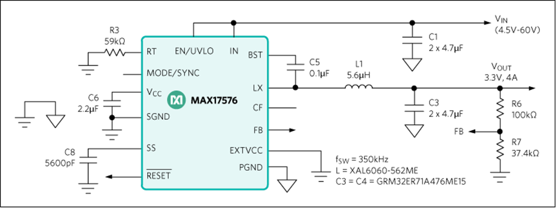 Application Circuit Diagram - Analog Devices / Maxim Integrated MAX17576 Synchronous Step-Down DC-DC Converter