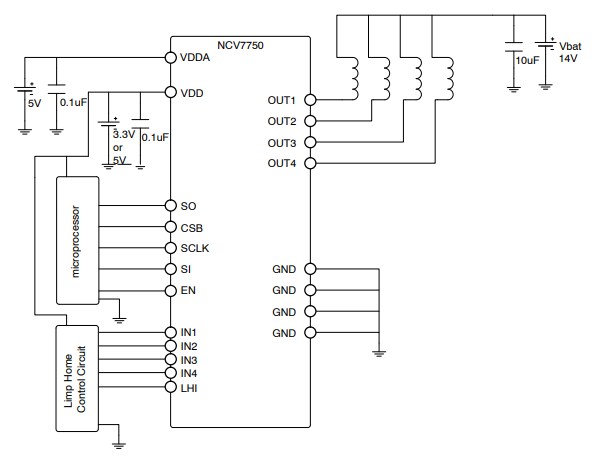 Application Circuit Diagram - onsemi NCV7750 Low-Side Relay Driver