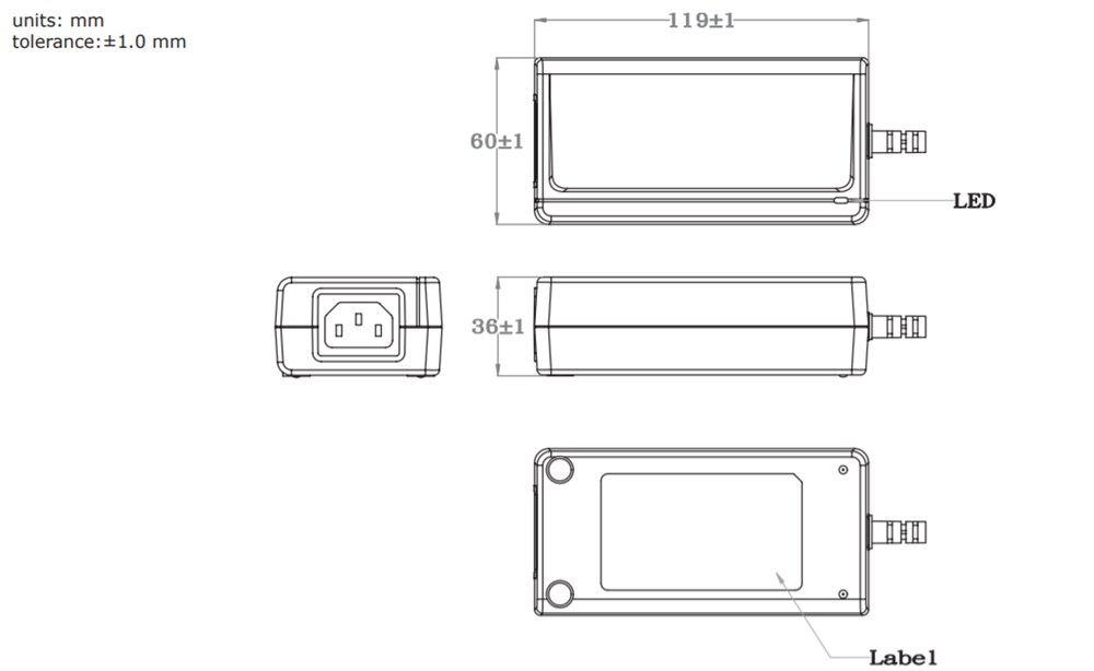 Mechanical Drawing - CUI Inc SDM65-U AC-DC Power Supplies