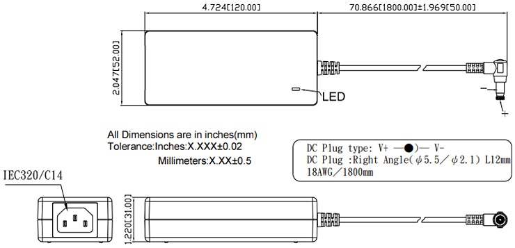 Mechanical Drawing - Cincon TRH50A 50W Switching Adapters