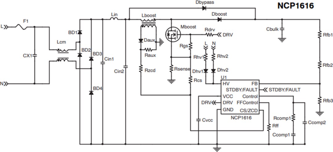 Application Circuit Diagram - onsemi NCP1616 Power Factor Correction Controller