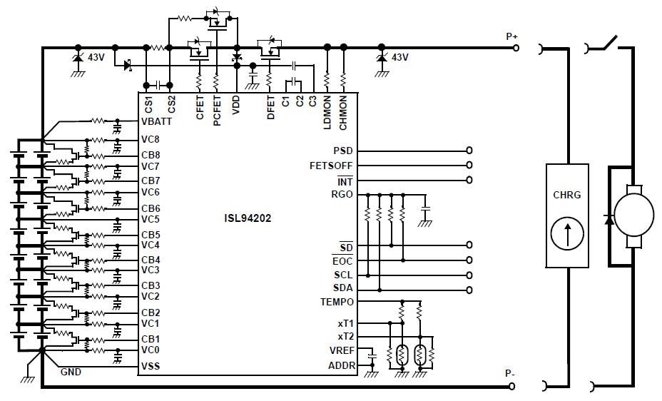 Application Circuit Diagram - Renesas Electronics ISL94202 Li-ion Battery Pack Monitor