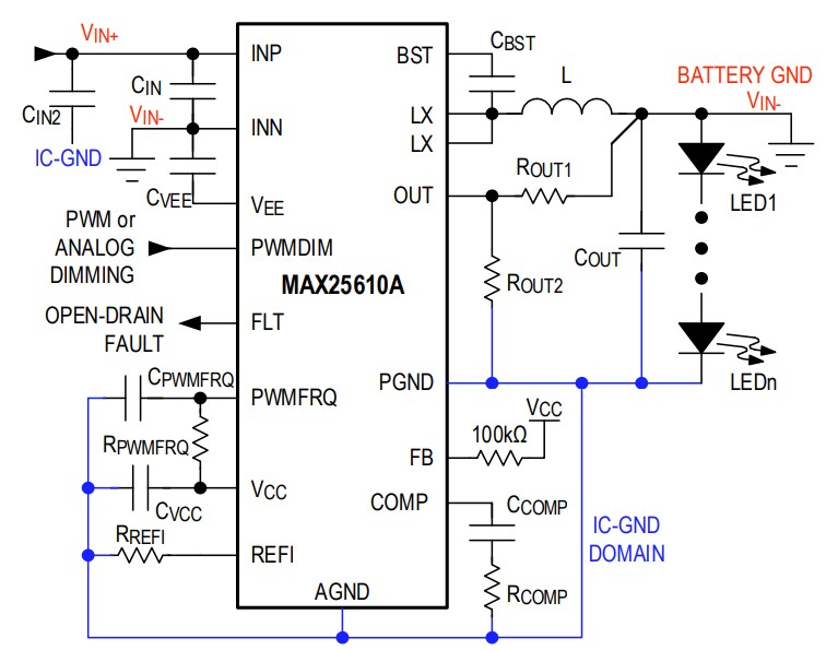 Application Circuit Diagram - Analog Devices / Maxim Integrated MAX25610x Buck & Buck-Boost LED Drivers
