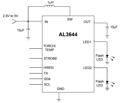 Application Circuit Diagram - Diodes Incorporated AL3644 Camera Flash LED Drivers