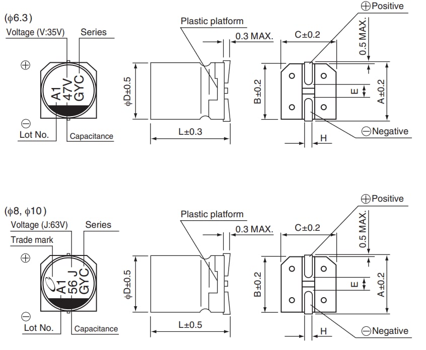 Mechanical Drawing - Nichicon GYC Hybrid Aluminum Electrolytic Capacitors