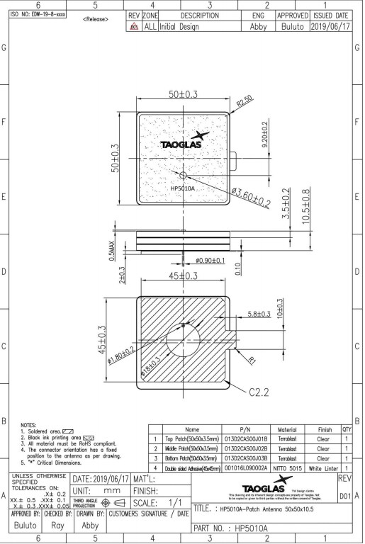 Mechanical Drawing - Taoglas HP5010A Stacked Terrablast Patch Antenna