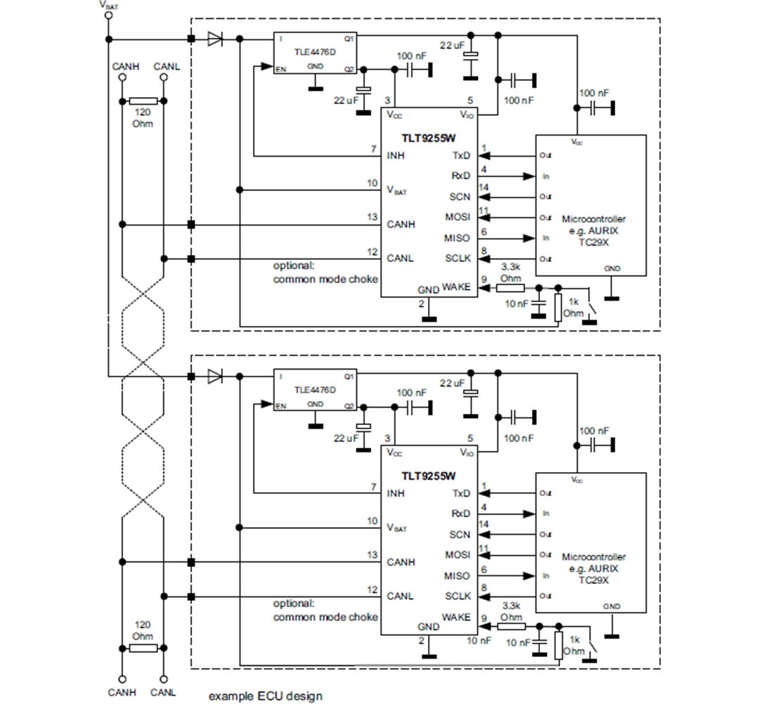 Application Circuit Diagram - Infineon Technologies TLT9255WLC High-Speed CAN FD Transceiver