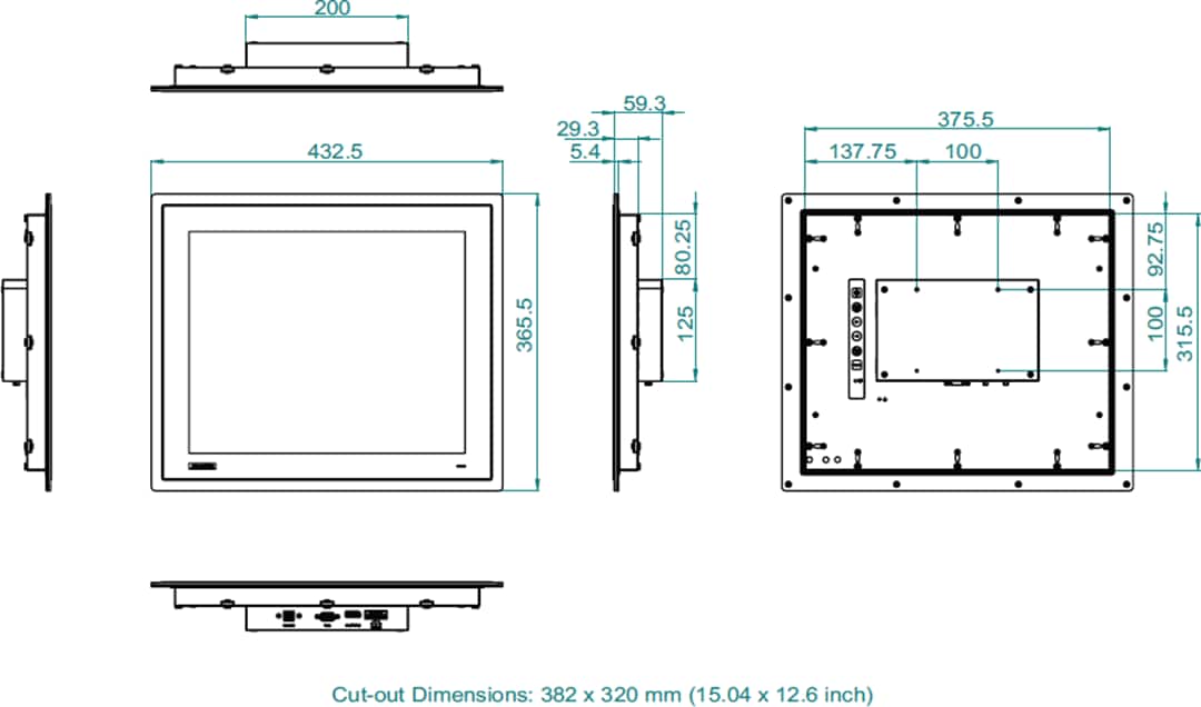 Mechanical Drawing - Advantech FPM-800S Industrial Monitors