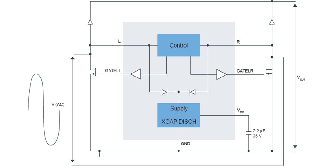 Application Circuit Diagram - NXP Semiconductors TEA2206T Active Bridge Rectifier Controller