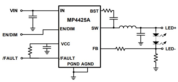 Application Circuit Diagram - Monolithic Power Systems (MPS) MP4425A Step-Down LED Drivers
