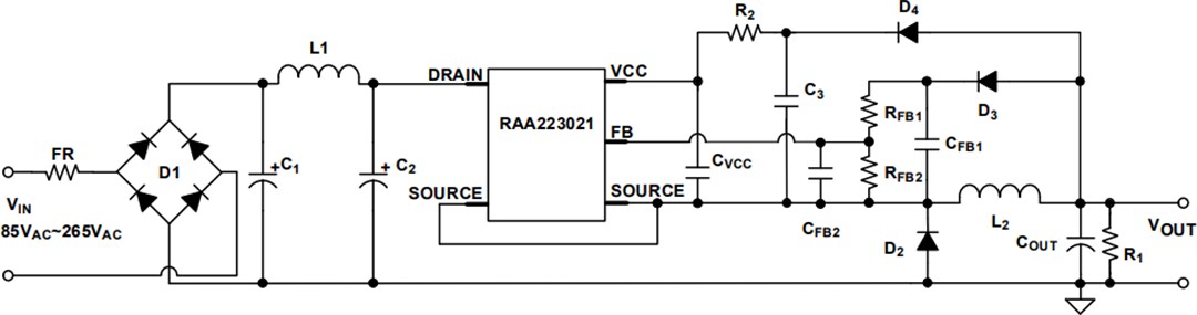 Application Circuit Diagram - Renesas Electronics RAA223021 700V Non-Isolated AC-DC Buck Regulator