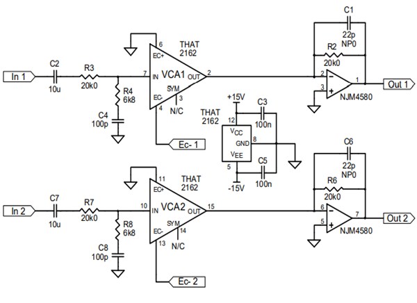 Application Circuit Diagram - THAT Corporation 2162 Series Dual Pre-trimmed Blackmer® VCAs