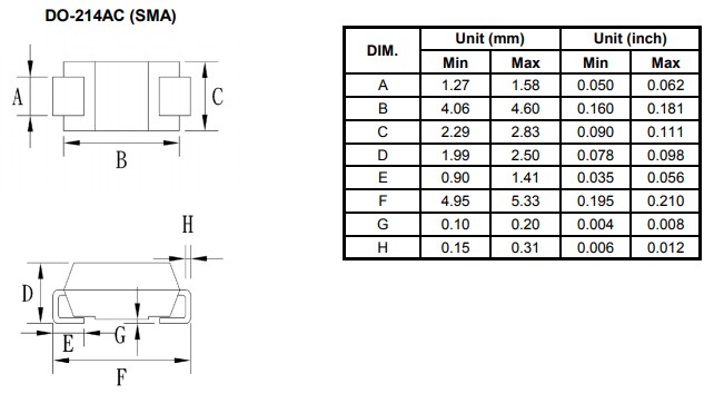 Mechanical Drawing - Taiwan Semiconductor SMA6J Transient Voltage Suppressors