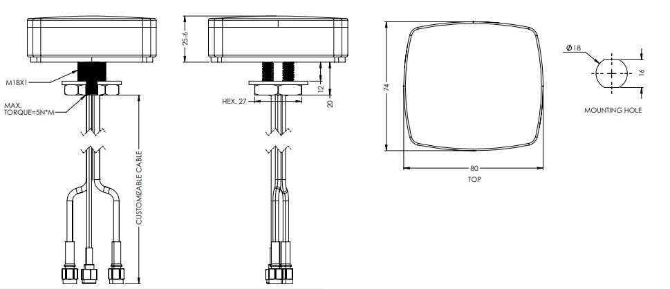 Mechanical Drawing - Maxtena MEA-LGI-SMA Screw Mount Antenna