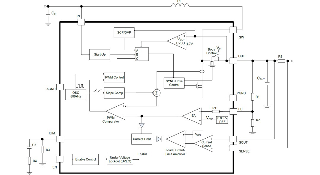Block Diagram - Monolithic Power Systems (MPS) MP3424A Synchronous Step-Up Converter