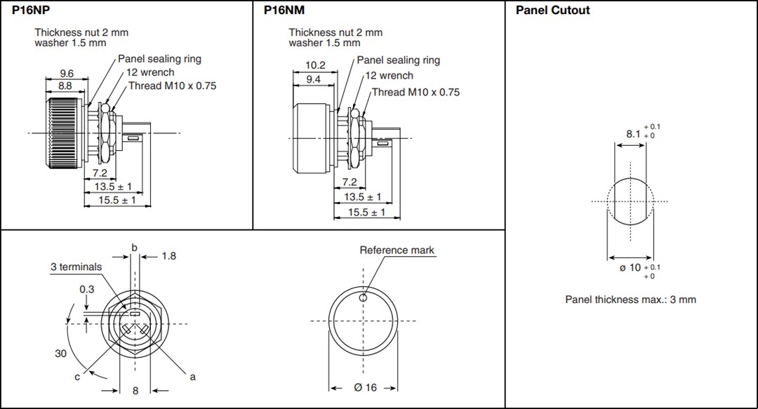 Mechanical Drawing - Vishay / Sfernice P16 & PA16 Compact Knob Potentiometers
