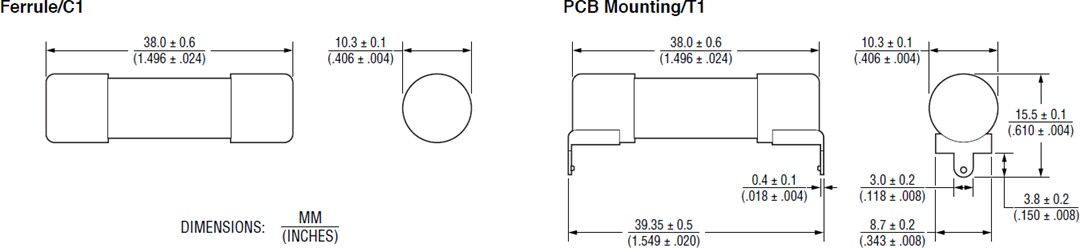 Mechanical Drawing - Bourns PF-E POWrFuse™ Photovoltaic (gPV) Power Fuses
