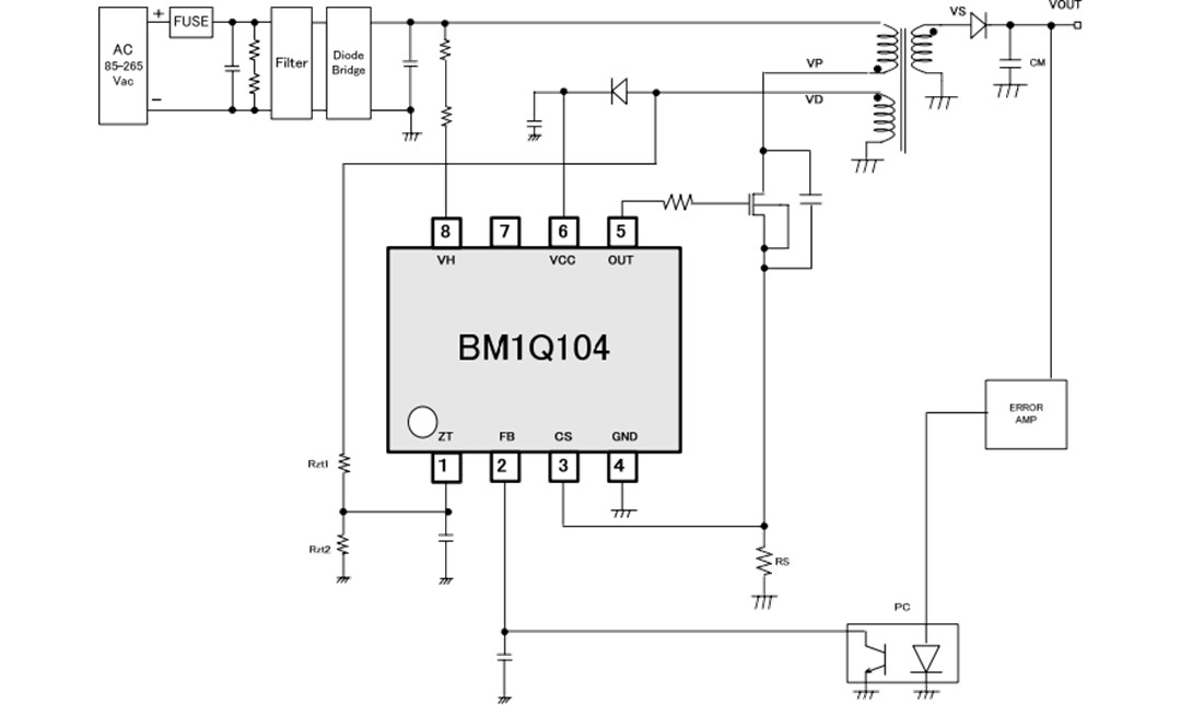 Application Circuit Diagram - ROHM Semiconductor BM1Q104FJ Quasi-Resonant Control DC-DC Converter
