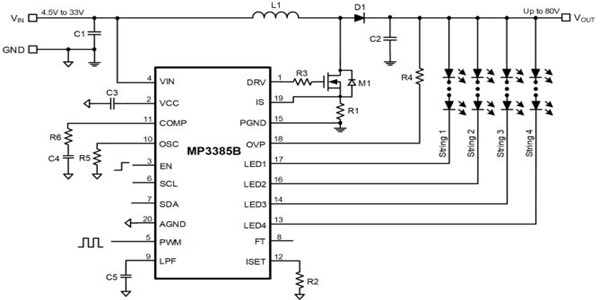 Application Circuit Diagram - Monolithic Power Systems (MPS) MP3385B Step-Up Controllers