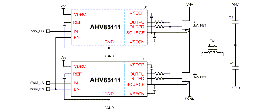 Application Circuit Diagram - Allegro MicroSystems AHV85111 Self-Powered Isolated GaN FET Driver
