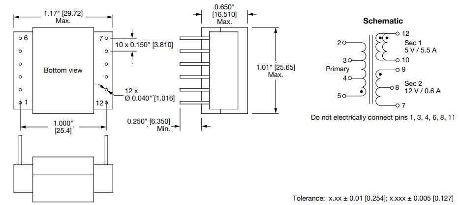 Mechanical Drawing - Vishay SGTPL-2516 Space-Grade Planar Transformer
