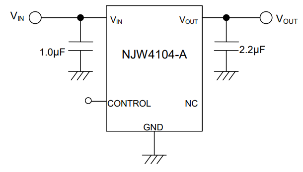 Application Circuit Diagram - Nisshinbo NJW4104/07 LDO Voltage Regulator ICs