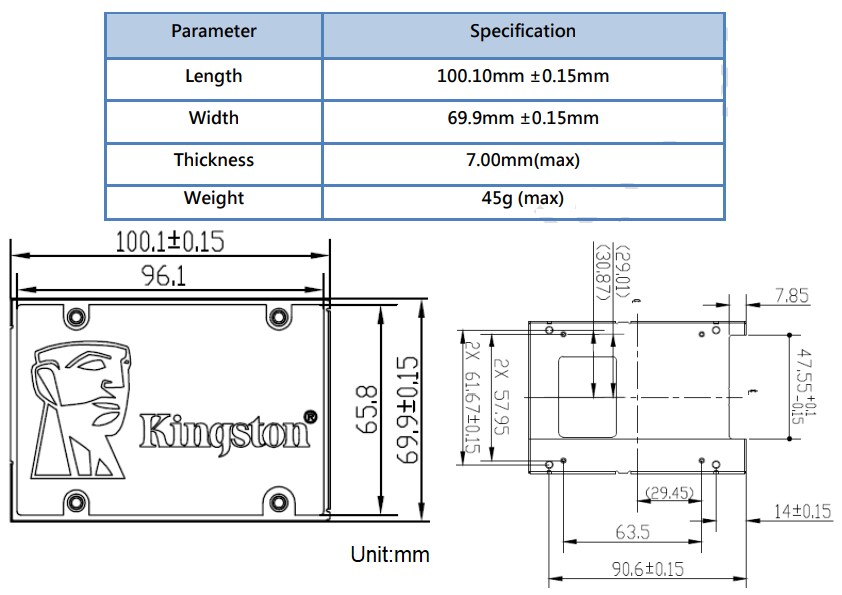 Mechanical Drawing - Kingston Industrial Temperature 2.5” SATA SSDs