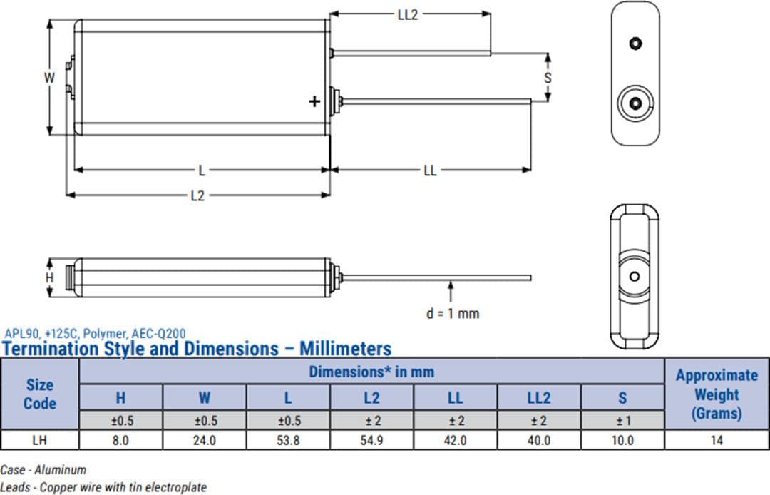 Mechanical Drawing - KEMET APL9x Rectangular Aluminum Polymer Capacitors