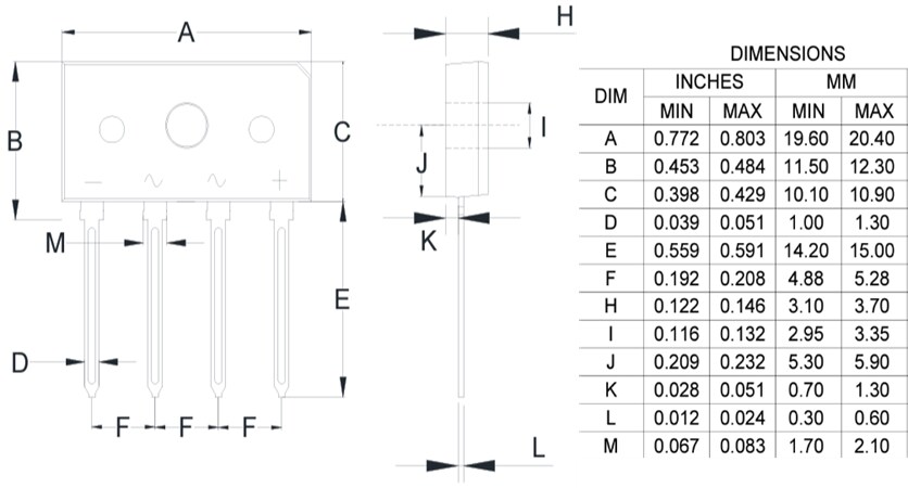Mechanical Drawing - Micro Commercial Components (MCC) GBUAx 1000V Bridge Rectifiers