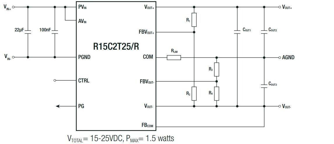 Application Circuit Diagram - RECOM Power R12C2T25/R 2.5W Isolated DC/DC Converters