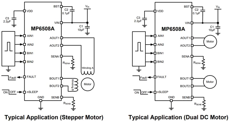 Application Circuit Diagram - Monolithic Power Systems (MPS) MP6508A 2.7V to 18V Bipolar Stepper Motor Drivers