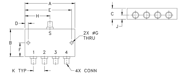 Mechanical Drawing - Mini-Circuits ZB4PD1 DC Pass Power Splitters/Combiners