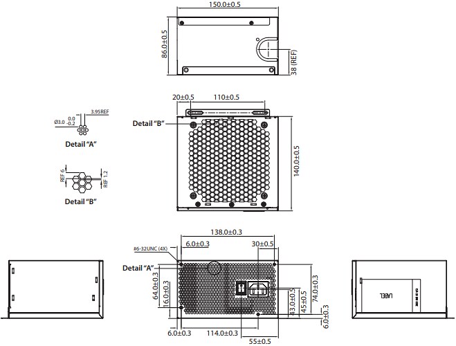 Mechanical Drawing - Advantech IPS-X62A850W-A 850W ATX Power Supply
