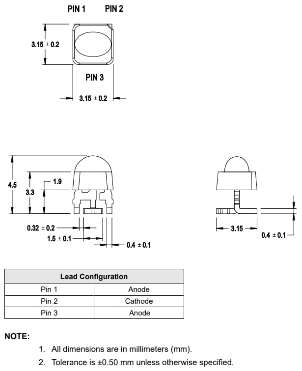 Mechanical Drawing - Broadcom AAMD-Lx3x/AAMD-LY33 Mini High-Brightness Oval LEDs