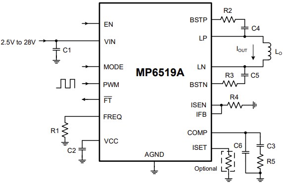 Application Circuit Diagram - Monolithic Power Systems (MPS) MP6519A Full H-Bridge Current Regulators