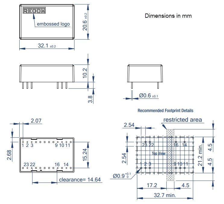Mechanical Drawing - RECOM Power REC10K-RW 10W Regulated DC-DC Converters