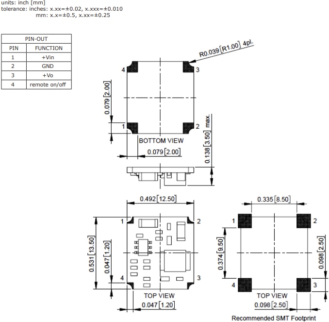 Mechanical Drawing - CUI Inc PXO78B-500-M Non-Isolated DC Switching Regulators