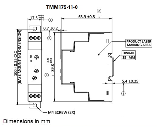 Mechanical Drawing - Littelfuse TMM175 DIN-Rail Time-Delay Relays