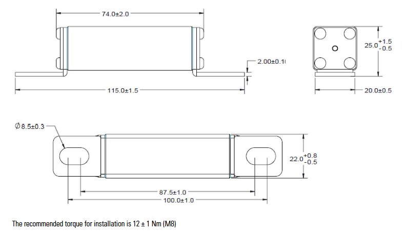 Mechanical Drawing - Eaton Electronics EKC25 High-Voltage EV Fuses