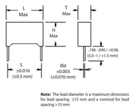 Mechanical Drawing - Cornell Dubilier / Knowles 160 Series Radial Box Metallized Capacitors