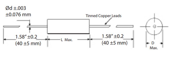 Mechanical Drawing - Cornell Dubilier / Knowles 150 Series Axial Leaded Capacitors