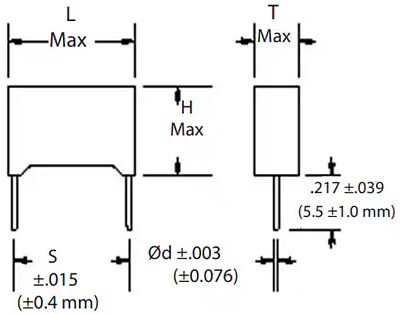 Mechanical Drawing - Cornell Dubilier / Knowles 167 Series Radial Box Metallized Capacitors