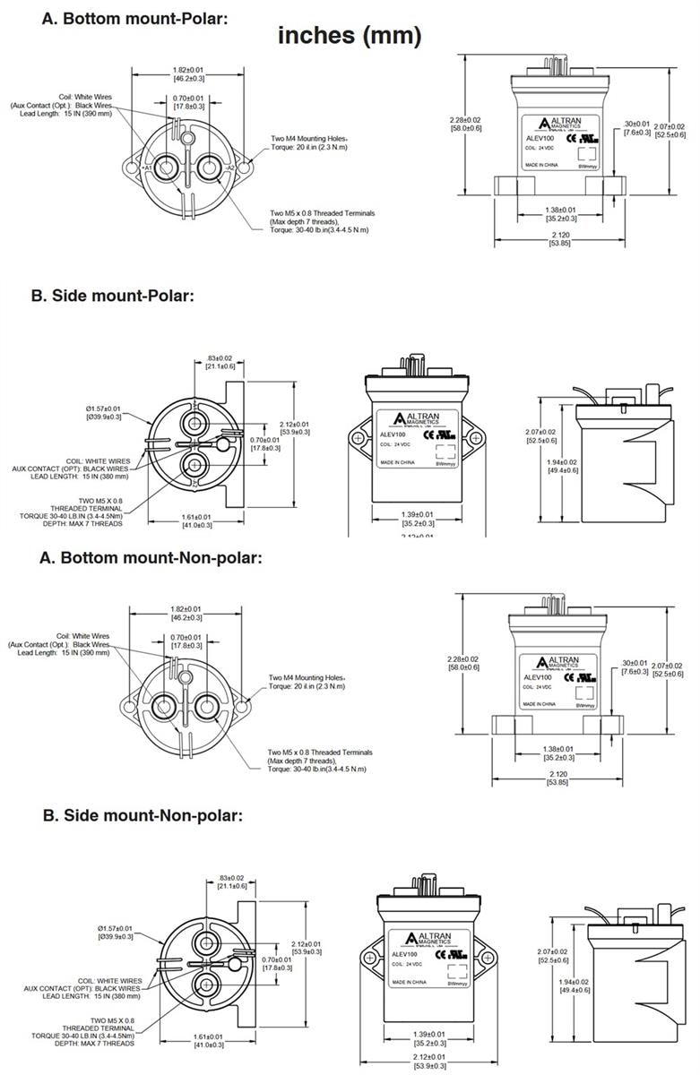 Mechanical Drawing - Altran Magnetics ALEV100 High-Voltage DC Contactors